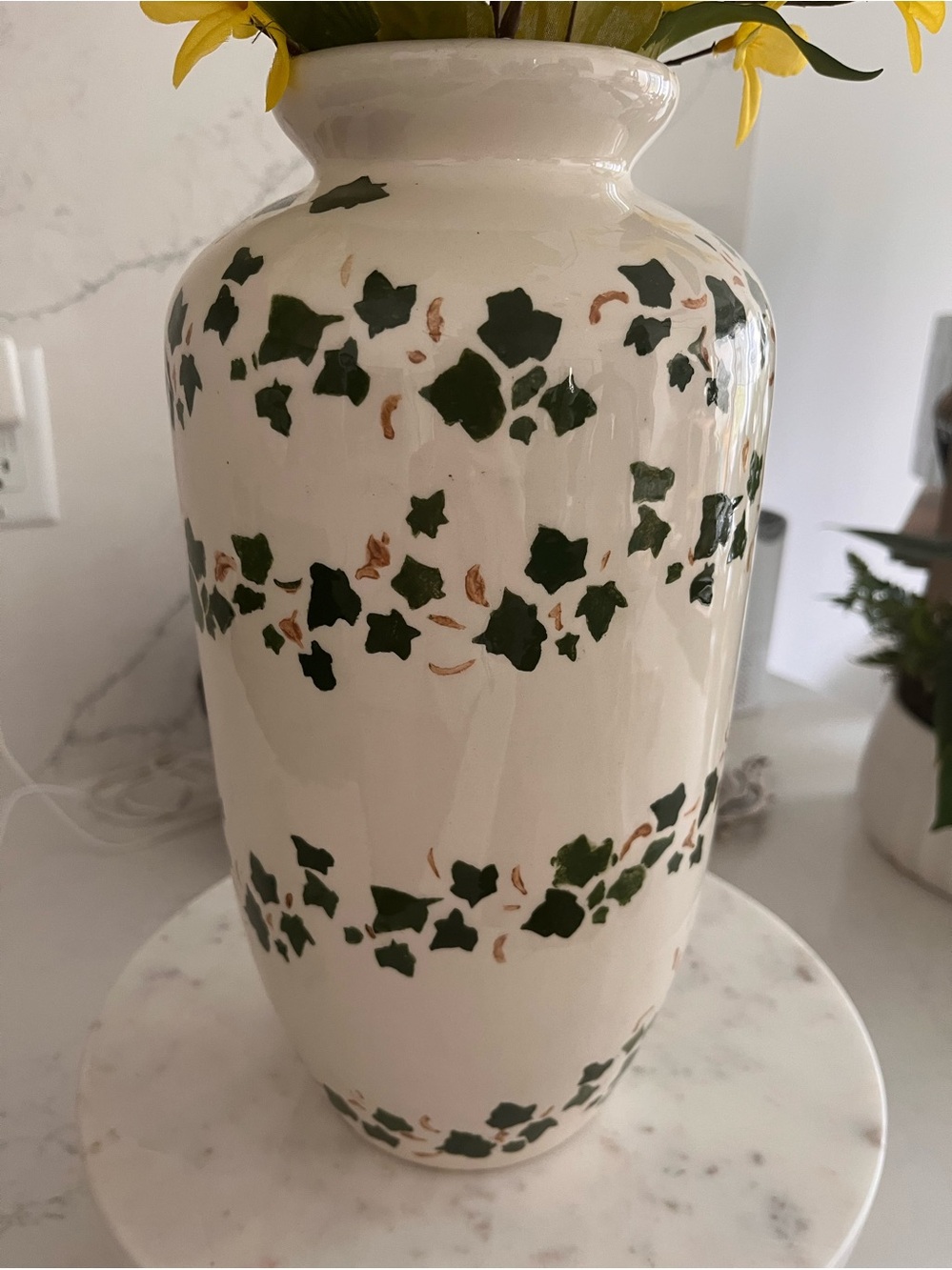 Hand-Painted Ivy Ceramic Vase - Cream and Green ivy design signed studio
